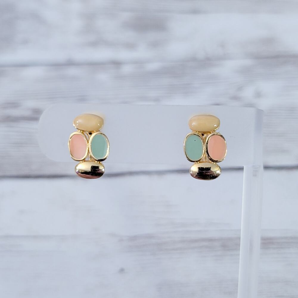 Vintage Clip On Earrings Dainty Gold Tone, Light Orange, Light Green